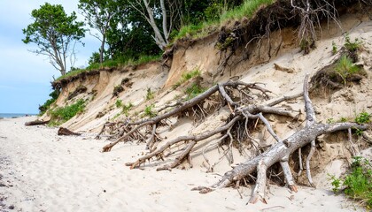 Sandy beach erosion with exposed tree roots