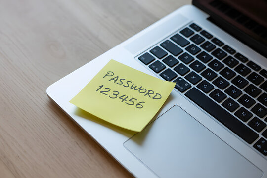 Sticky note with "PASSWORD 123456" written on it rests on a laptop keyboard