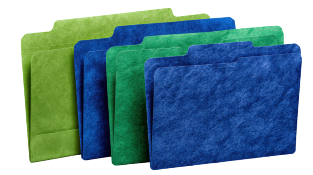 Colorful file folders in green and blue on a transparent background for organization