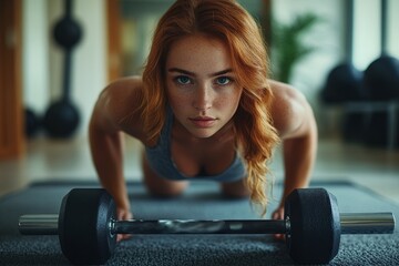 Redhead woman performing a home workout with a dumbbell in her living room. This scene emphasizes personal fitness routines and the benefits of exercising in the comfort of one's, Generative AI