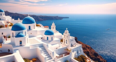 The picturesque village of Oia on Santorini, Greece, with its iconic white buildings and blue domes cascading down a cliffside, overlooks the expansive Aegean Sea under a bright sky, embodying tranqui