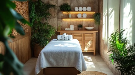 a serene spa sanctuary: inviting massage bed surrounded by lush greenery and soft lighting evoking tranquility and relaxation for a rejuvenating experience