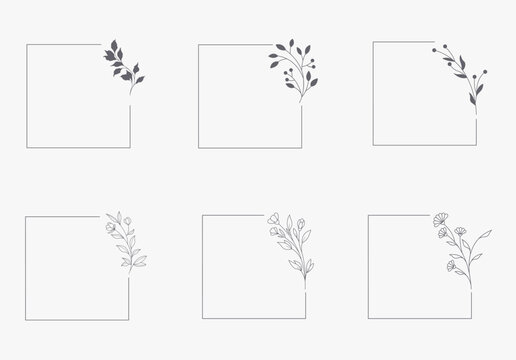 Floral and square hand drawn style. Floral black and white frame of twigs, leaves and flowers. Frames for the Valentine's day, wedding decor, logo and identity template.