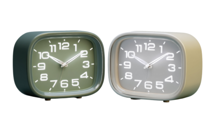 Two modern alarm clocks isolated on a transparent background indicating different times