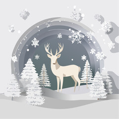 Papercraft illustration, deer in a winter forest with snowflakes and paper trees