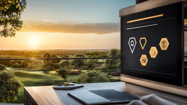 Sunset view of a tranquil golf course with a laptop displaying data analytics
