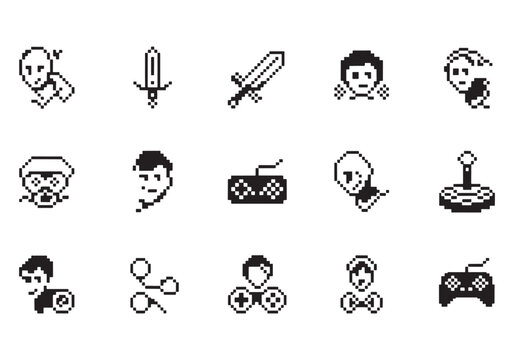 Pixel art gaming icons featuring swords characters controllers and social media connection symbols suitable for nostalgic retro gaming themes - Powered by Adobe
