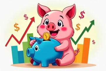 A charming illustration of a happy pig hugging a piggy bank, with financial charts and dollar signs in the background, symbolizing saving money, investment growth, and financial success