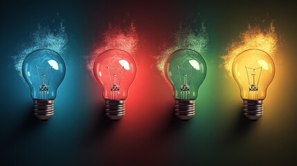 Colorful light bulbs glowing with vibrant flames in a dark atmosphere