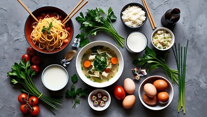 Fresh green vegetables, salad, and ripe tomatoes on a wooden table, perfect for a healthy vegetarian meal or delicious soup