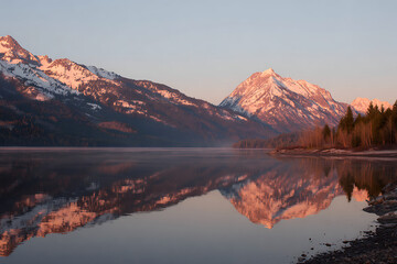 Mountain Range Reflected in Still Lake at Sunset  Clear Sky and Warm Sunlight Cast Golden Glow on Peaks in Peaceful Nature Landscape

