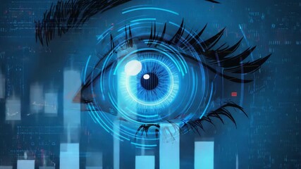 Futuristic animation of financial scope scanning data streams across human eye - Powered by Adobe