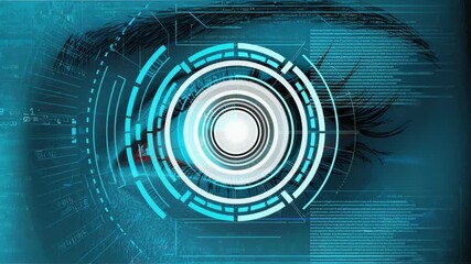 Animated biometric scanning eye interface with dynamic digital finance overlay - Powered by Adobe