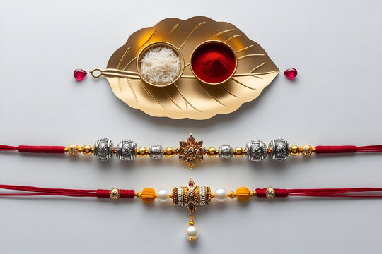 Elegant Raksha Bandhan Rakhi with Roli Chawal in Golden Leaf Plate &ndash; Traditional Indian Festival Symbolism &ndash; AI-Generated 
