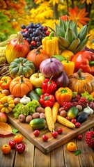 Abundant Autumn Harvest Display of Fresh Vegetables and Fruits