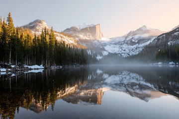 Snow-Capped Mountains Reflected in Tranquil Lake Surrounded by Evergreen Trees  Peaceful Winter Landscape Capturing the Serenity of Nature


