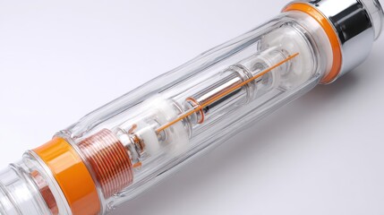 Transparent water filtration device with internal components.