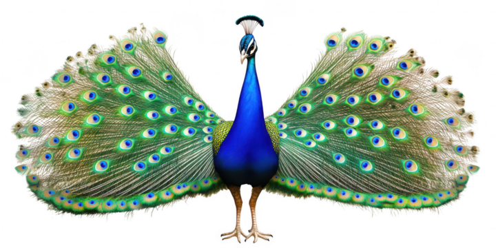 Peacock with open feathers on transparent png background - Powered by Adobe