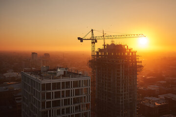 High Rise Buildings Under Construction at Sunset  Commercial Stock Photo of Urban Development and City Growth

