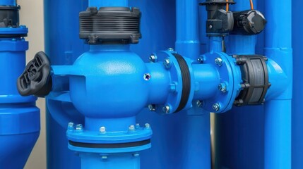 Close-up view of detailed blue industrial piping components.