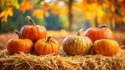 Five pumpkins on straw with autumn foliage background