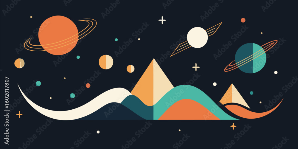 Poster vector art of a stylized abstract landscape of mountains and planets in a dark cosmic setting with a