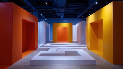 Maze adventure room with vivid wall paths bold directional light from overhead clean shadow depth and reflective plastic textures
