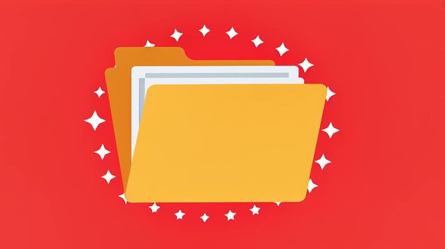 Colorful illustration of stacked file folders on a vibrant red background, symbolizing organization and productivity