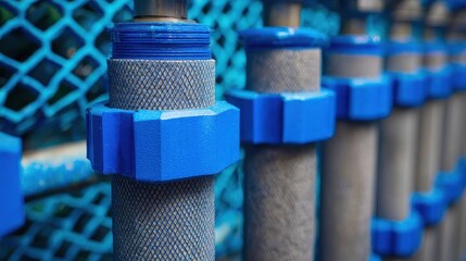 Close-up of cylindrical components with blue caps.