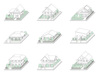 建物の立体的なイラスト. 線画.