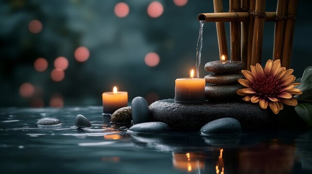 Relaxing water feature with candles and stones in tranquil setting at night