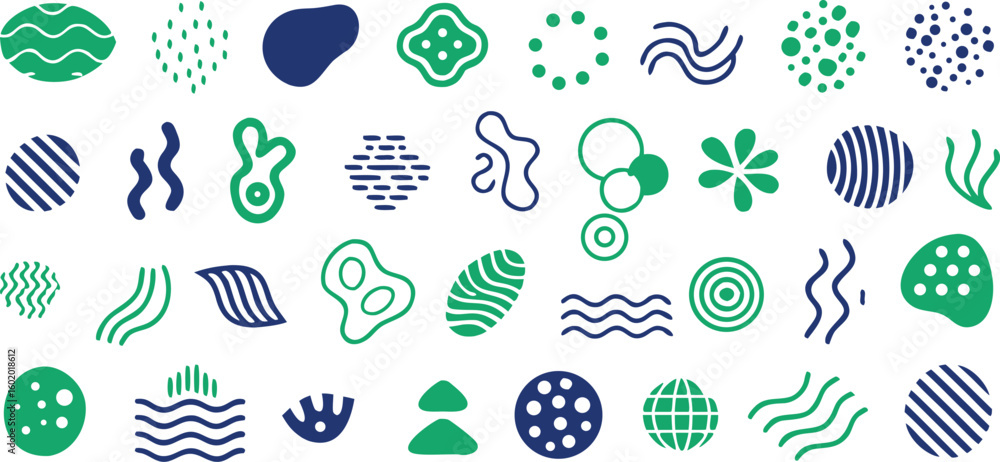 Poster vector art of a collection of abstract green and blue graphic elements and patterns isolated on tran