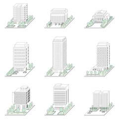 建物の立体的なイラスト. 線画.