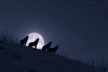 Majestic Wolf Howling at Full Moon in Snowy Forest – Night Wildlife Scene with Misty Atmosphere and Starry Sky

