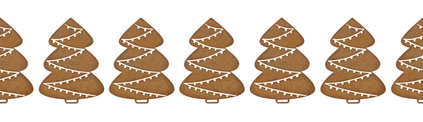 Gingerbread Christmas trees seamless border. Hand drawn colored pencils illustration for packages and labels for confectionery products. Transparent background.