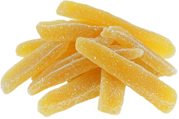 Pile of crystallized ginger pieces showing the sweet treat isolated on white or transparent png.