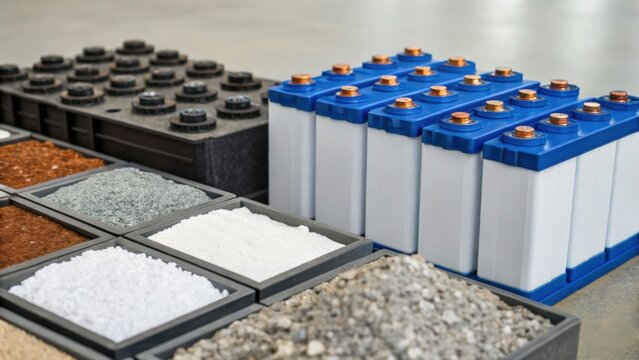 A collection of various raw materials and white batteries with blue tops, arranged neatly on a table.