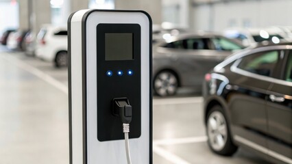 Fototapeta premium Electric vehicle charging station in a parking lot with several parked cars, highlighting sustainable transportation infrastructure.