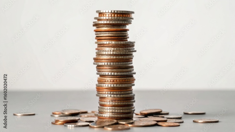 Poster a tall stack of assorted coins stands upright on a flat surface with several scattered coins around 