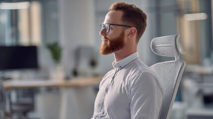 Fototapeta premium Man seated in a modern office chair, profile view.