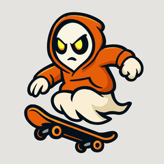 Cartoon ghost skateboards mid-air with glowing eyes and hoodie, spooky yet cool vibe.