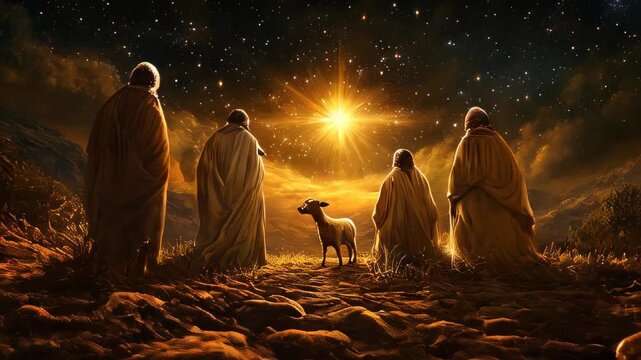 Jesus Christ as the shepherd guiding sheep, praying to God in a sunlit field, with a glowing bokeh silhouette of Him in the radiant background