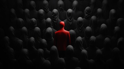 Obraz premium Conceptual art installation featuring solitary figure in red surrounded by faceless individuals in dark attire