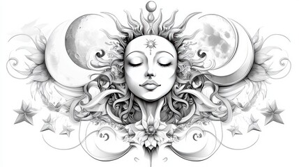 Artistic representation of a celestial figure with sun and moon motifs in a detailed black and white drawing