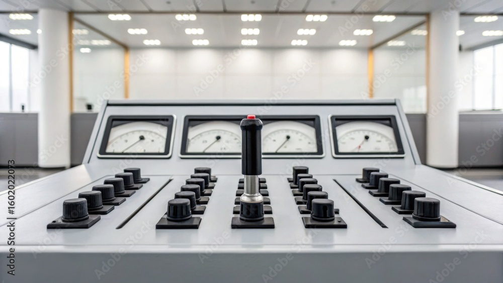 Poster a control panel with multiple switches, a joystick, and analog meters in an industrial or technical 