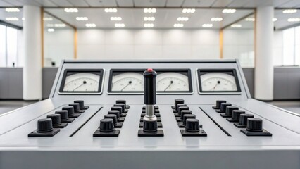 A control panel with multiple switches, a joystick, and analog meters in an industrial or technical setting.