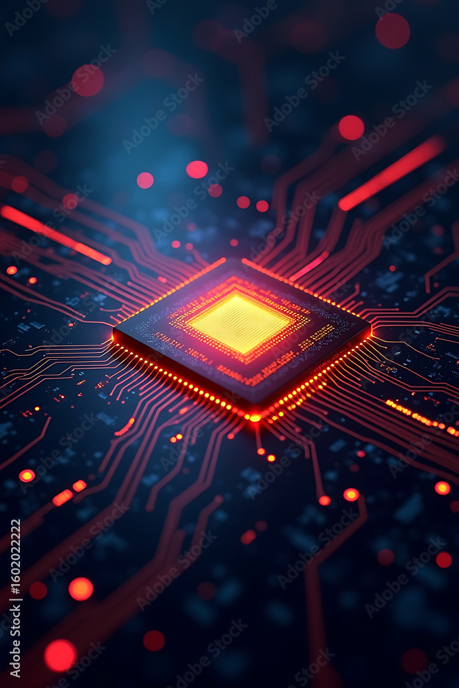 Poster a glowing central processor unit (cpu) with intricate circuit patterns and vibrant colors.