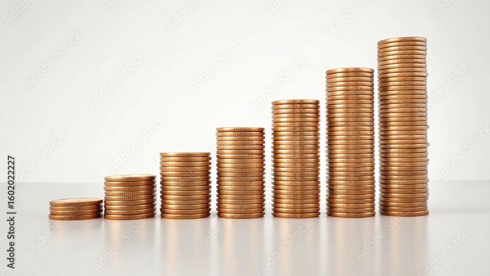 Poster stacks of copper coins arranged in ascending order on a reflective surface against a plain backgroun