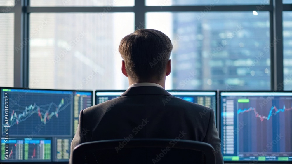 Poster a person in business attire monitors multiple financial charts and data on screens in an office with