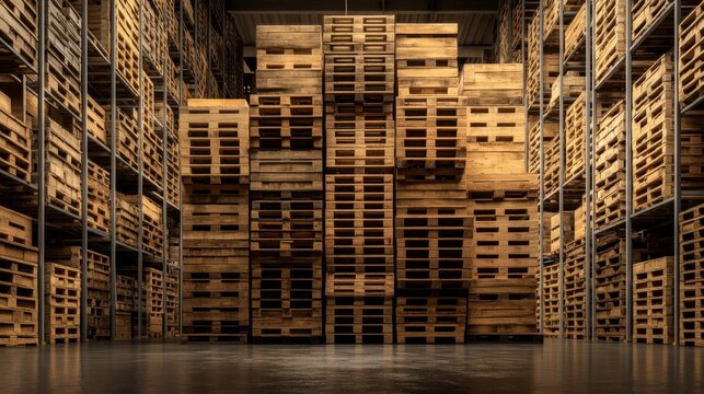 Wooden pallets stacked in a warehouse showing organized storage solutions for logistics and inventory management
